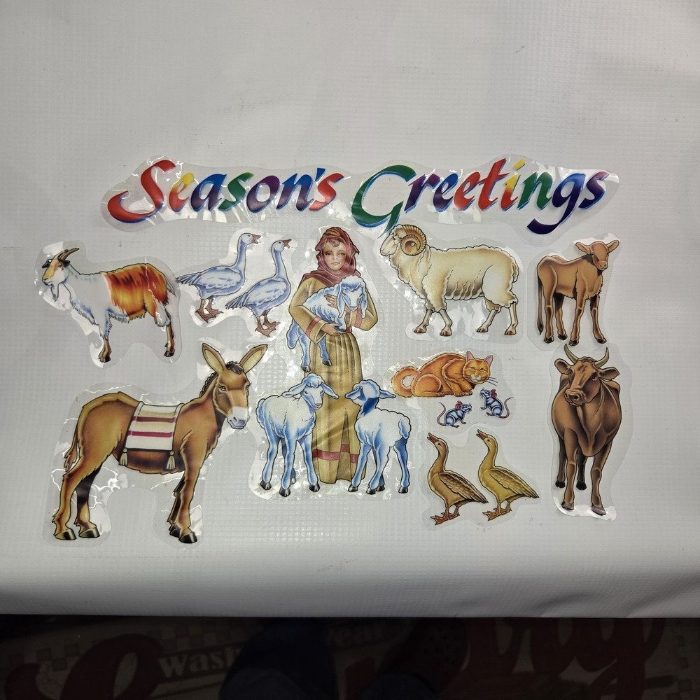 Vtg Super Signs Christmas Nativity Window Clings Seasons Greetings Holiday Decal